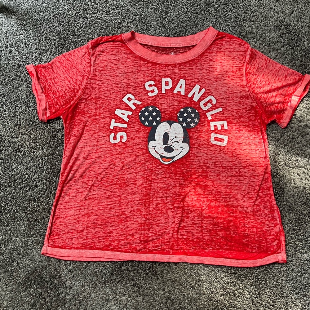 Disney Parks Red Cropped Star Spangled Mickey Shirt Women’s Size Medium